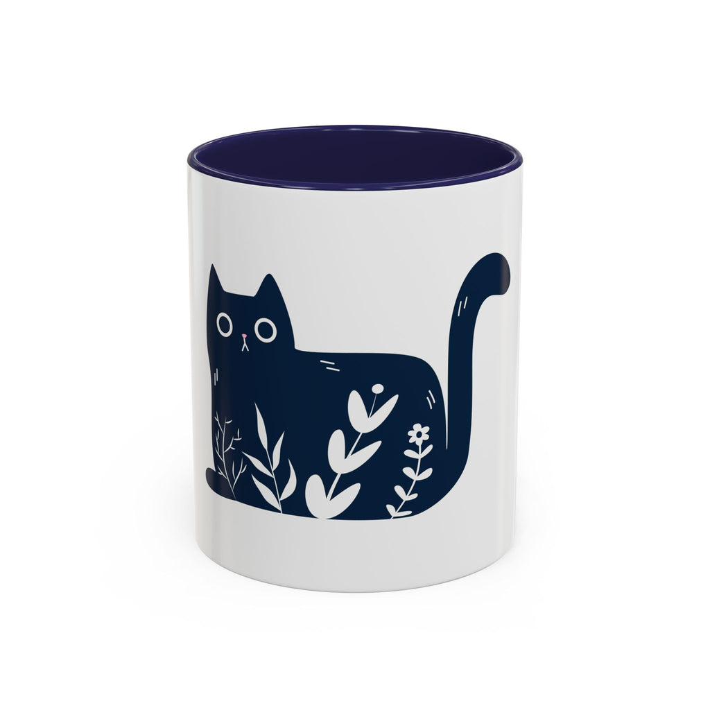 Navy Floral Cat Accent Coffee Mug 11oz 15oz | Ceramic Mug with Black Handle and Interior