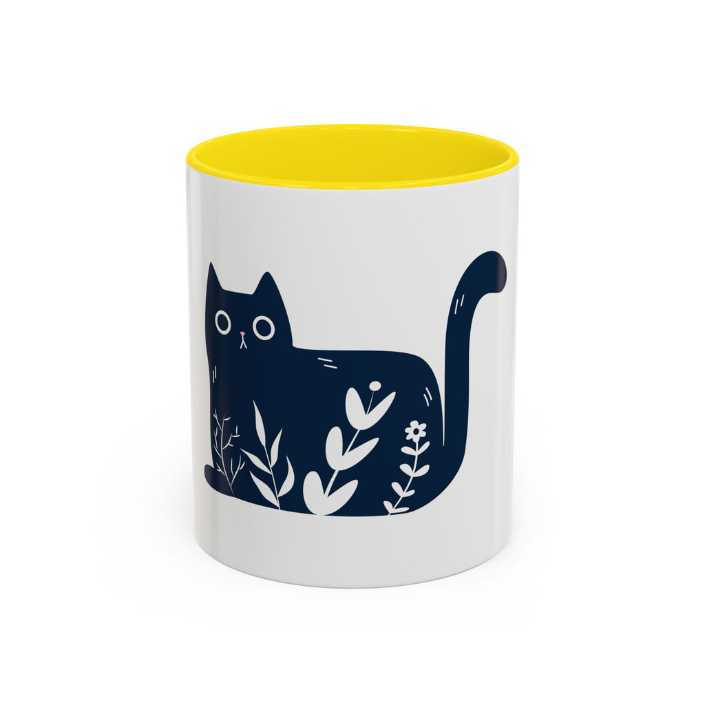 Navy Floral Cat Accent Coffee Mug 11oz 15oz | Ceramic Mug with Black Handle and Interior