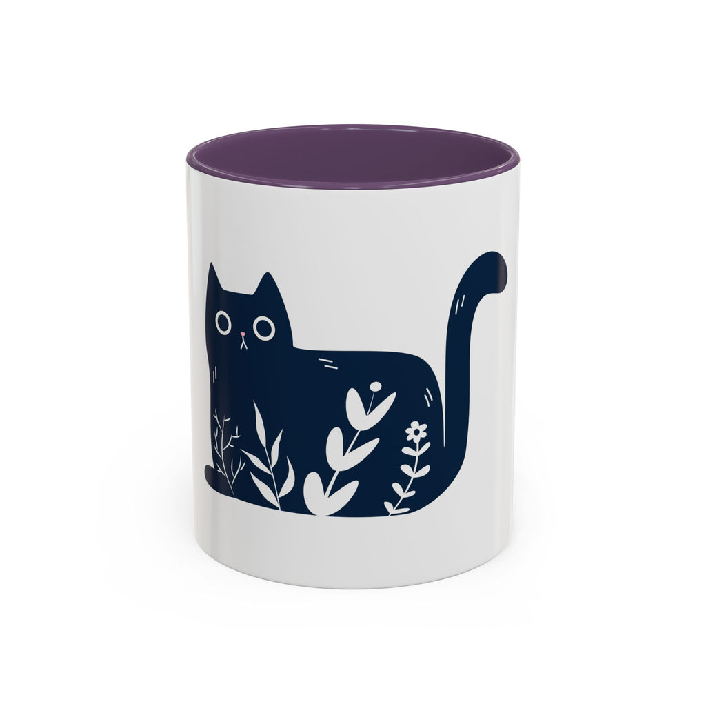 Navy Floral Cat Accent Coffee Mug 11oz 15oz | Ceramic Mug with Black Handle and Interior