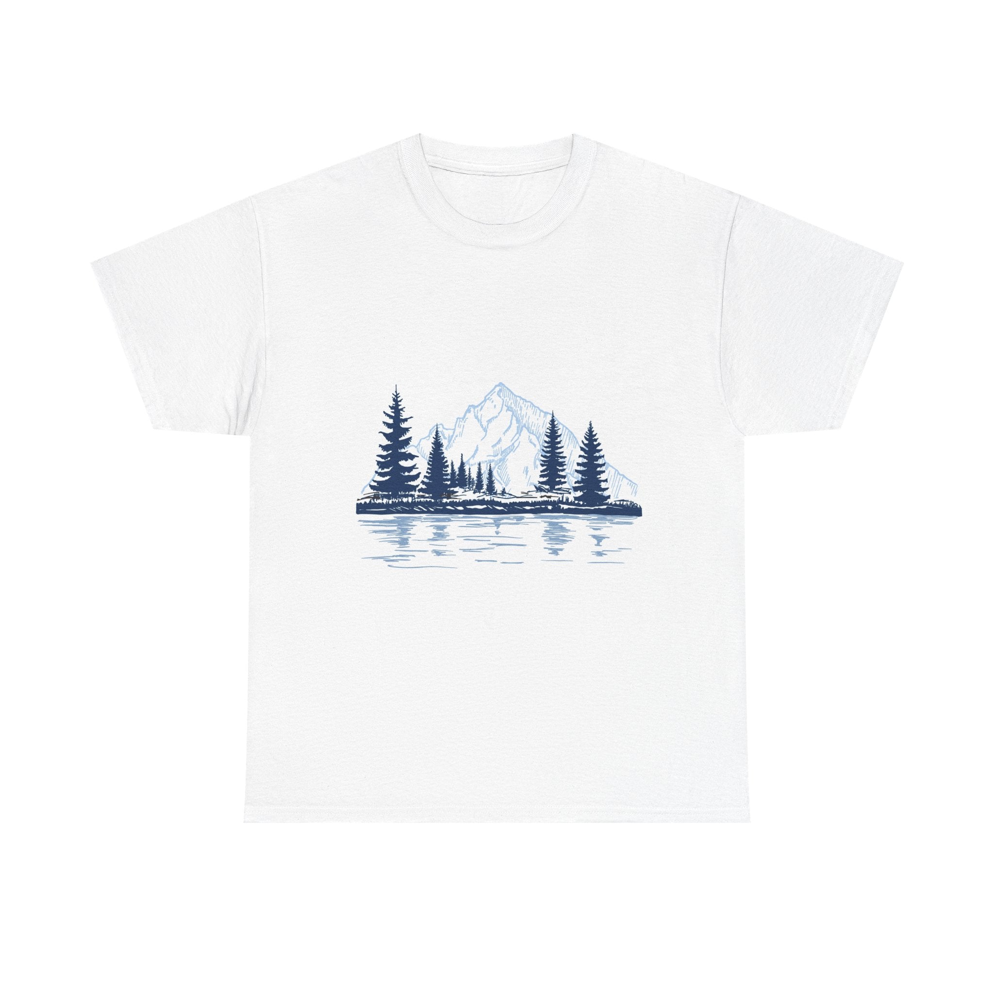 Mountain Lake Tee — Hand-Drawn Pine Trees & Reflection Graphic