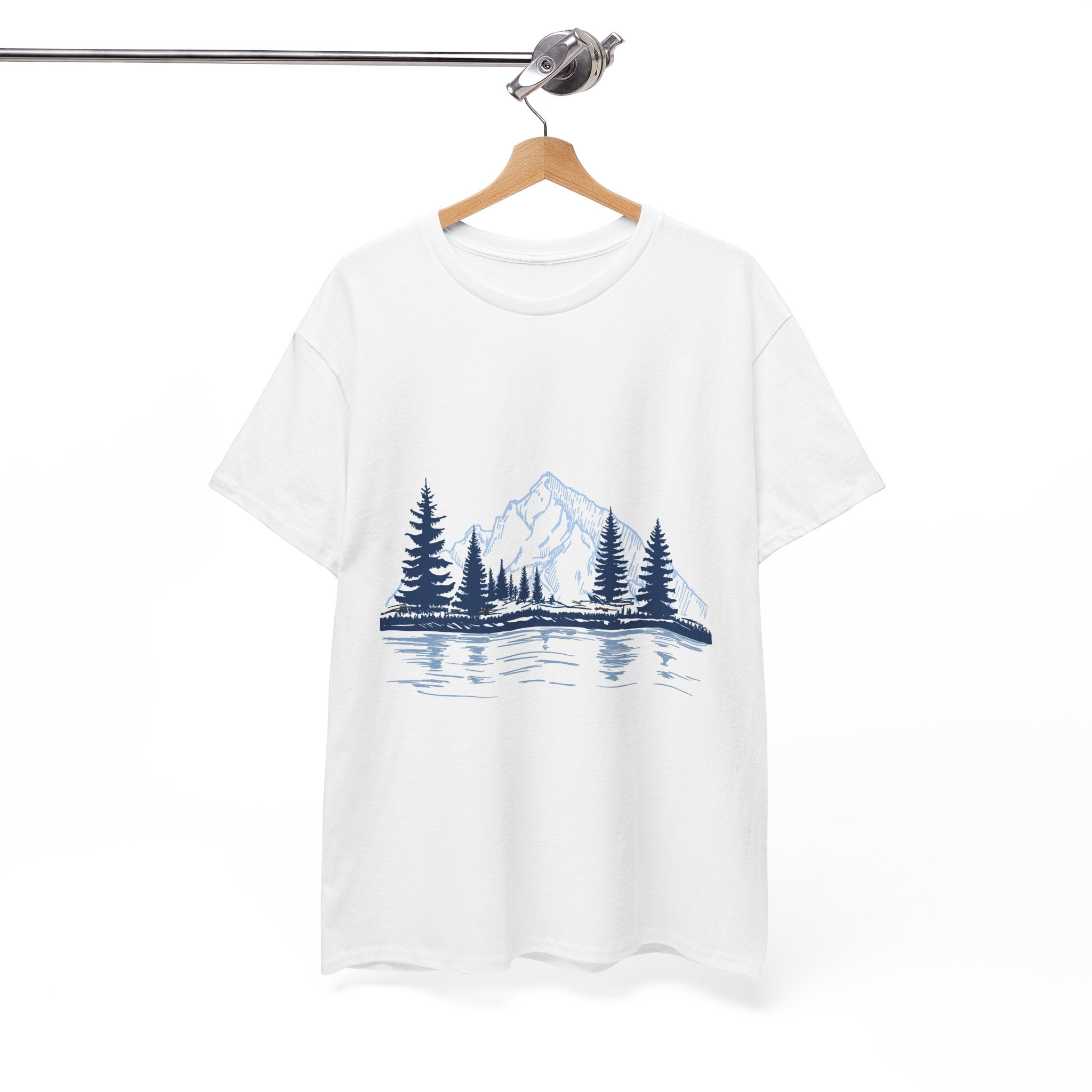 Mountain Lake Tee — Hand-Drawn Pine Trees & Reflection Graphic