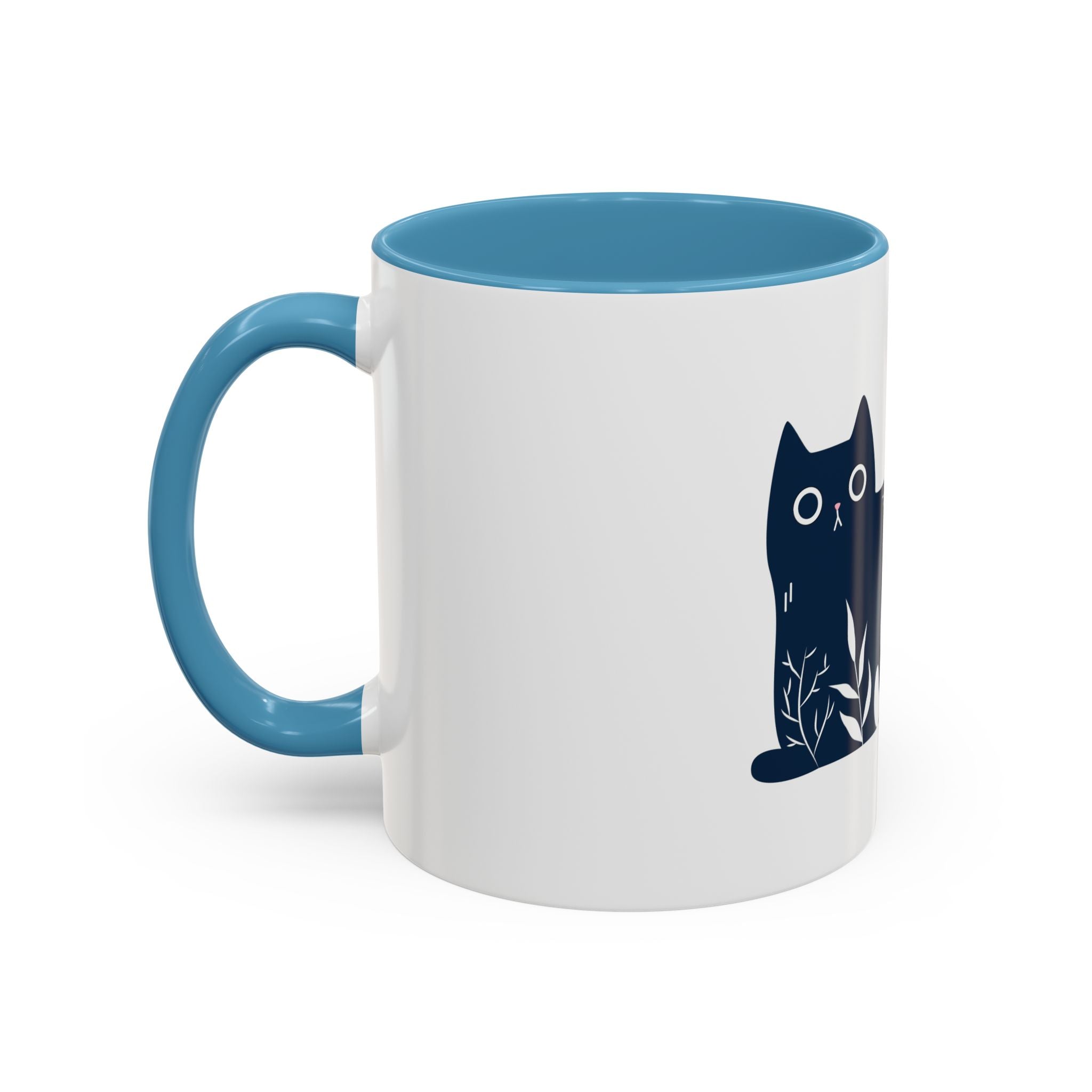 Navy Floral Cat Accent Coffee Mug 11oz 15oz | Ceramic Mug with Black Handle and Interior