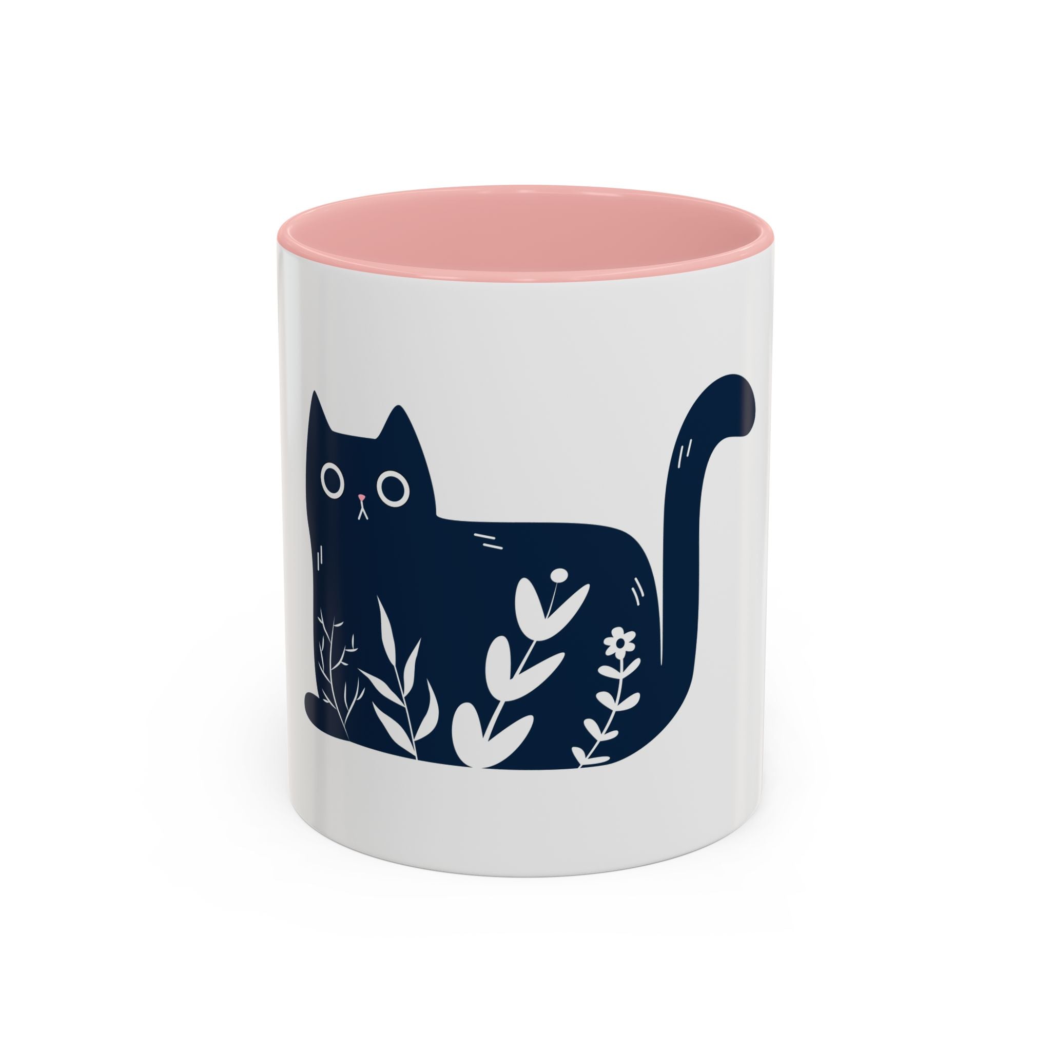 Navy Floral Cat Accent Coffee Mug 11oz 15oz | Ceramic Mug with Black Handle and Interior