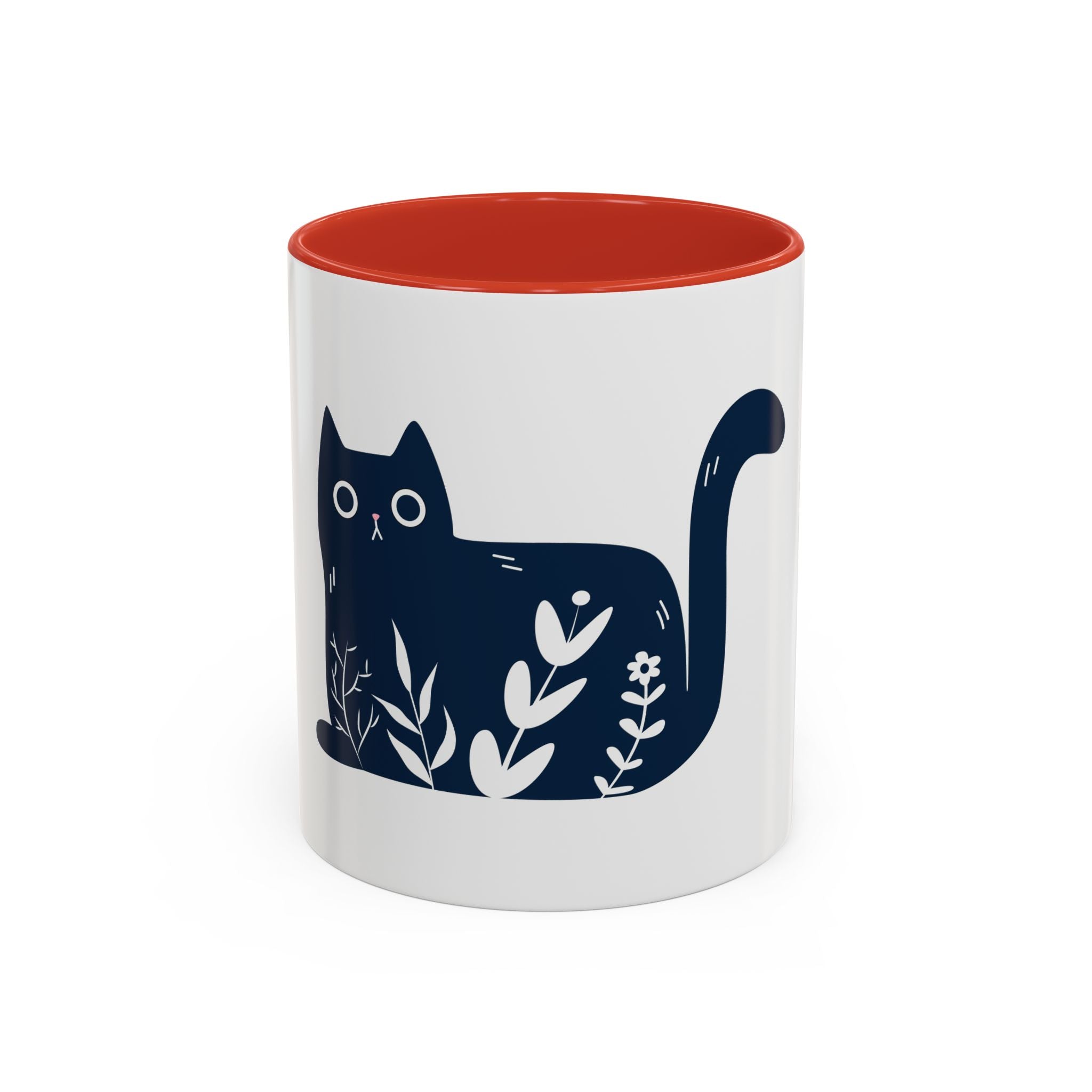 Navy Floral Cat Accent Coffee Mug 11oz 15oz | Ceramic Mug with Black Handle and Interior