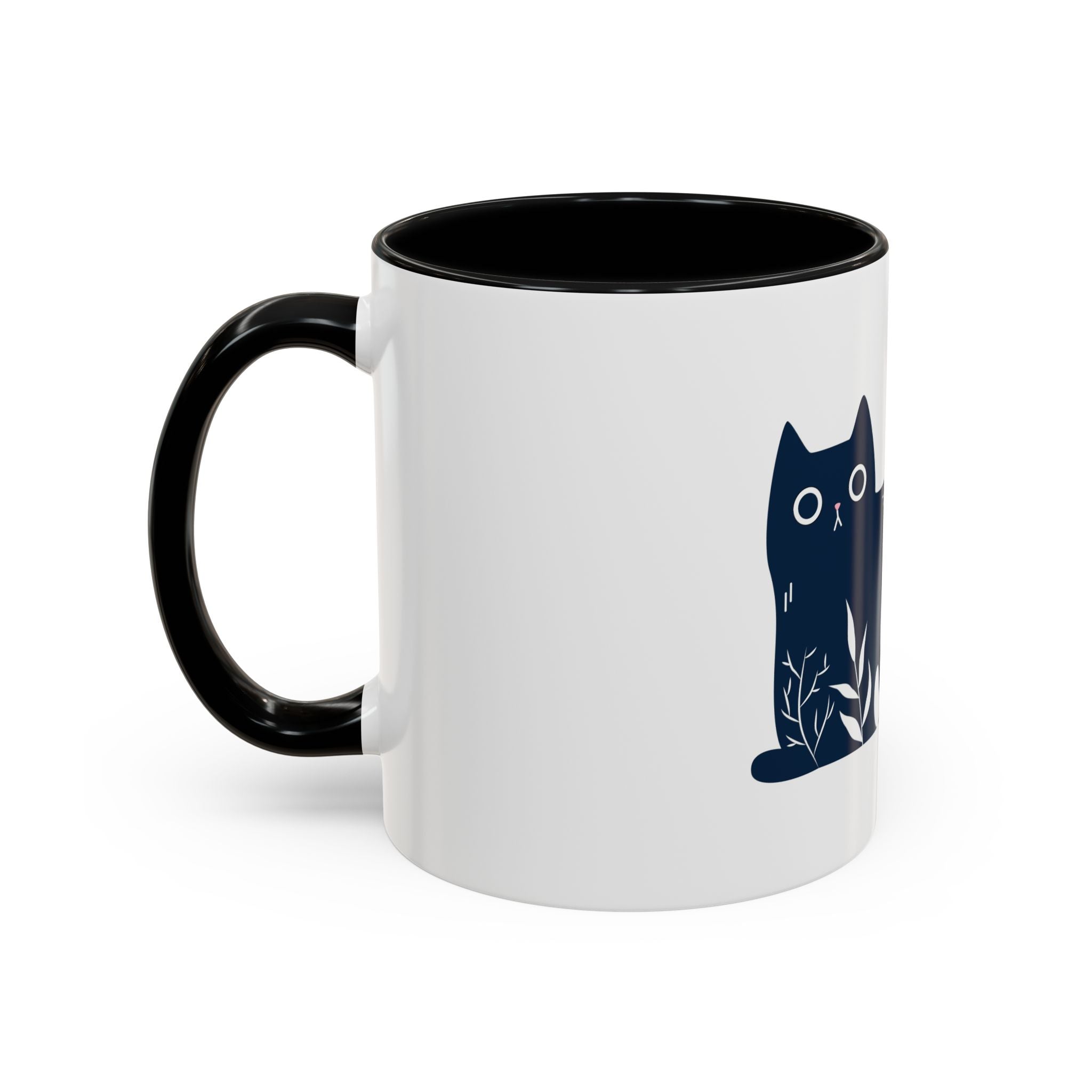 Navy Floral Cat Accent Coffee Mug 11oz 15oz | Ceramic Mug with Black Handle and Interior