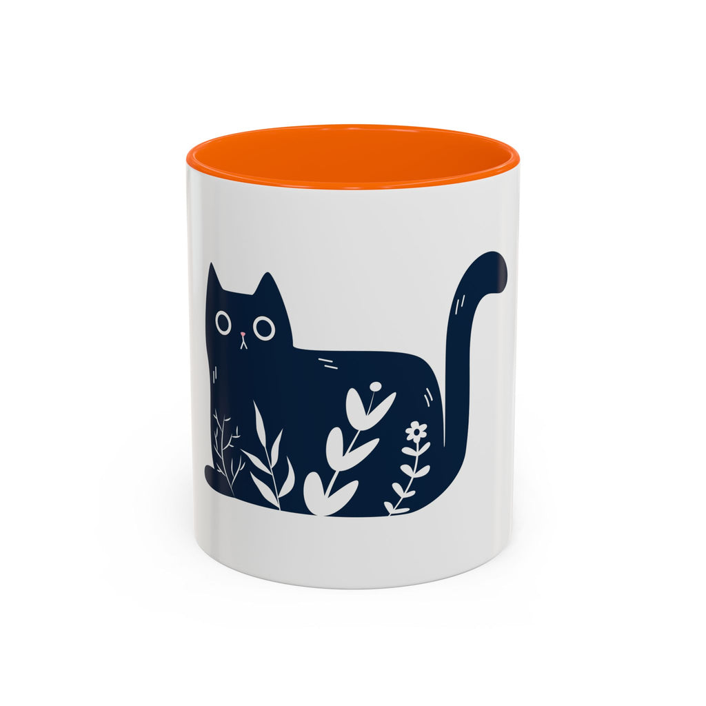 Navy Floral Cat Accent Coffee Mug 11oz 15oz | Ceramic Mug with Black Handle and Interior