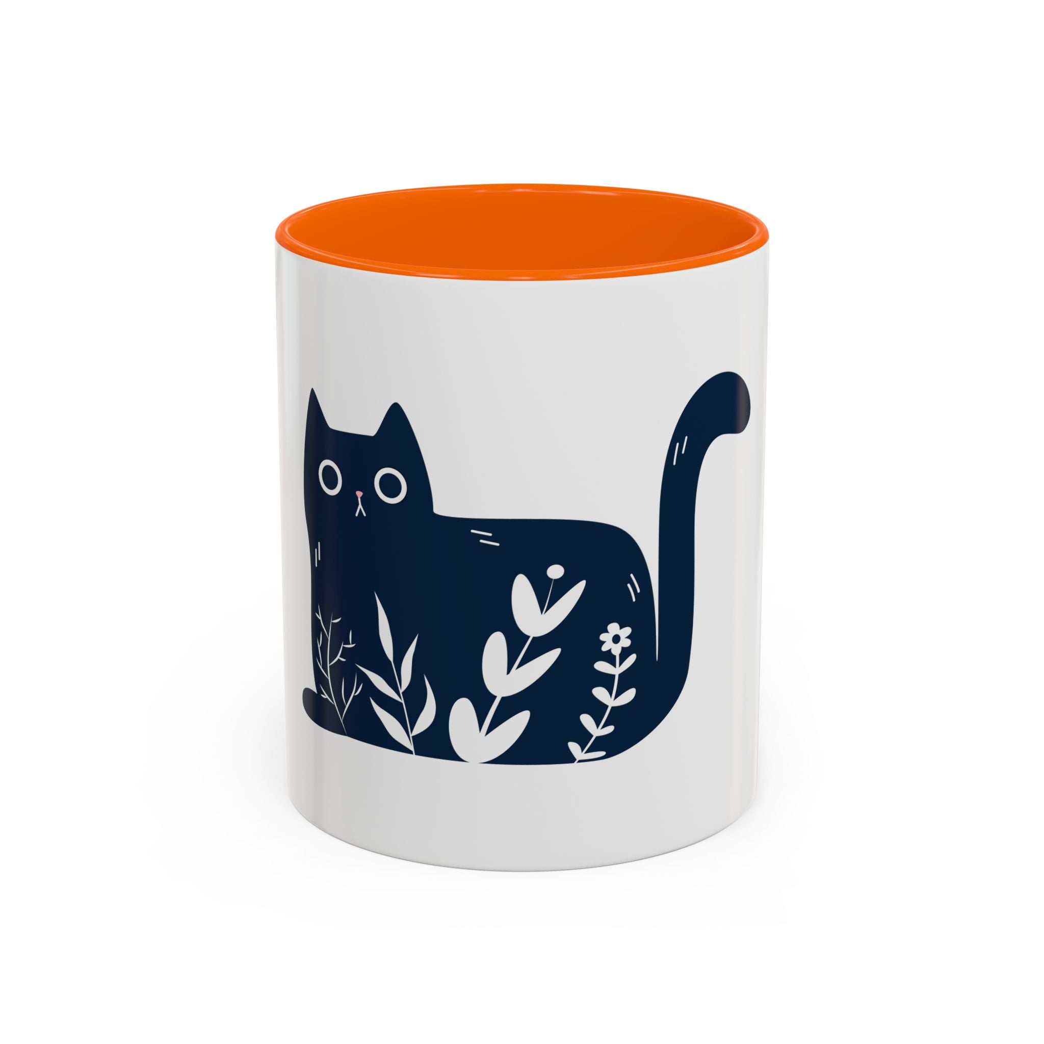 Navy Floral Cat Accent Coffee Mug 11oz 15oz | Ceramic Mug with Black Handle and Interior
