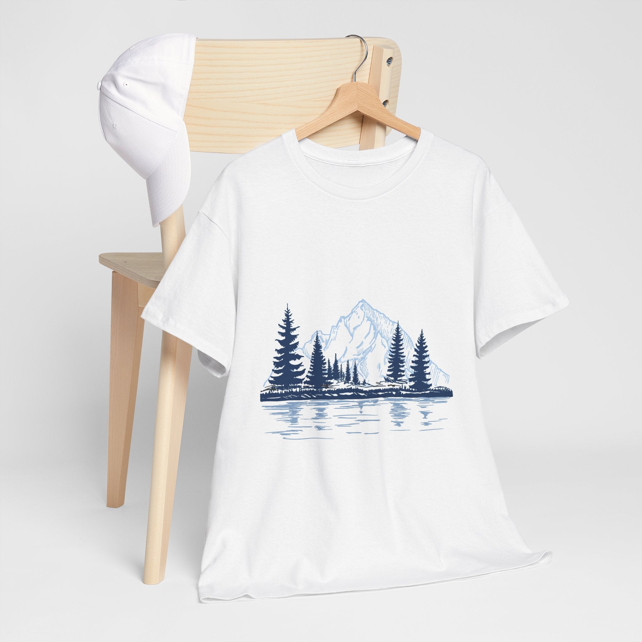 Mountain Lake Tee — Hand-Drawn Pine Trees & Reflection Graphic