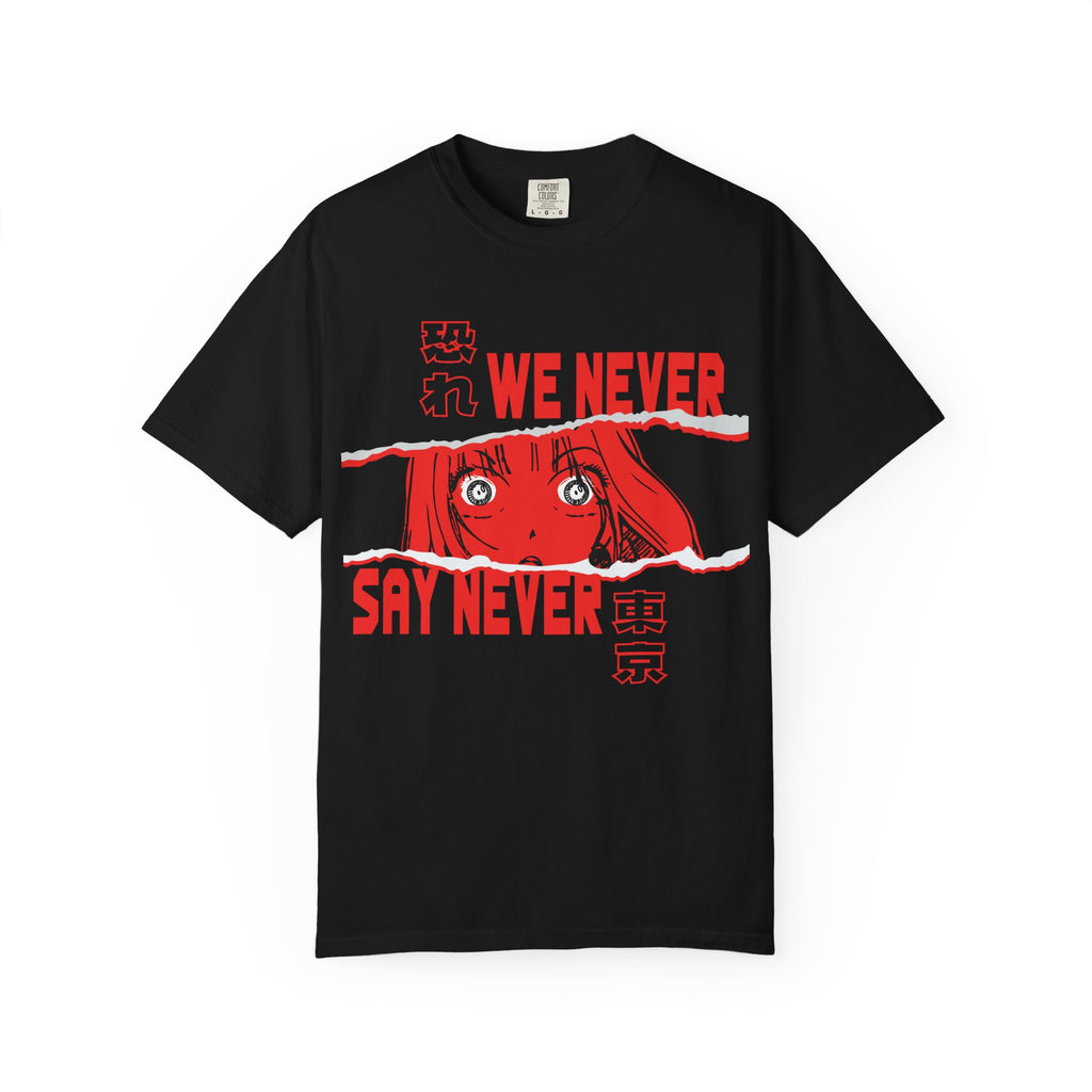 Anime Graphic T-Shirt — "We Never Say Never" Red Horror Design