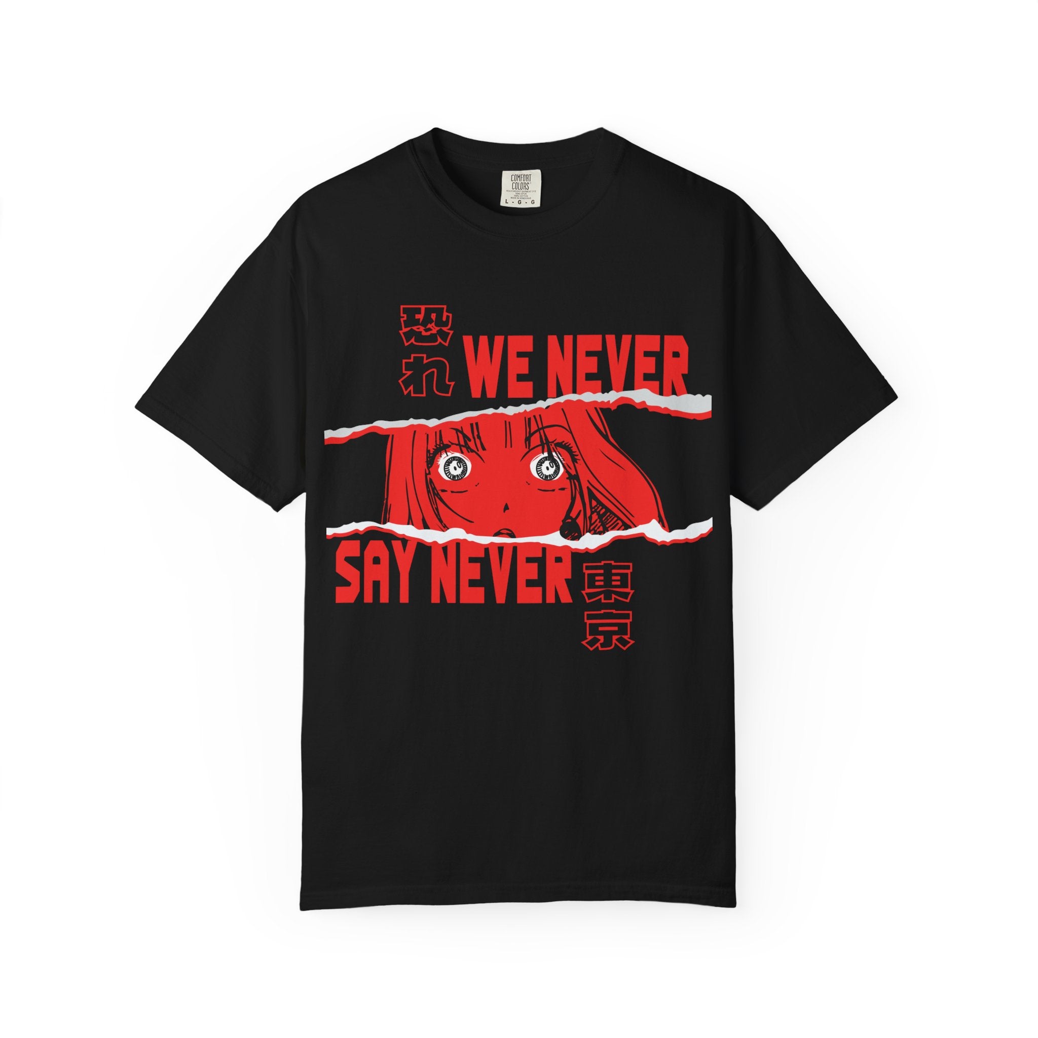Anime Graphic T-Shirt — "We Never Say Never" Red Horror Design