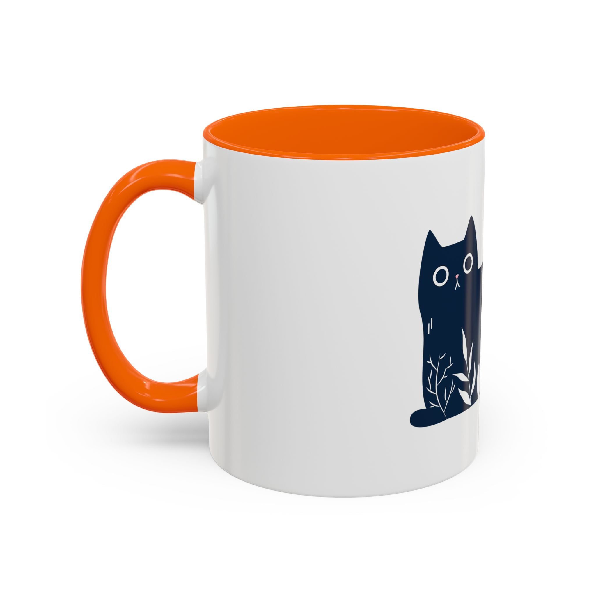 Navy Floral Cat Accent Coffee Mug 11oz 15oz | Ceramic Mug with Black Handle and Interior