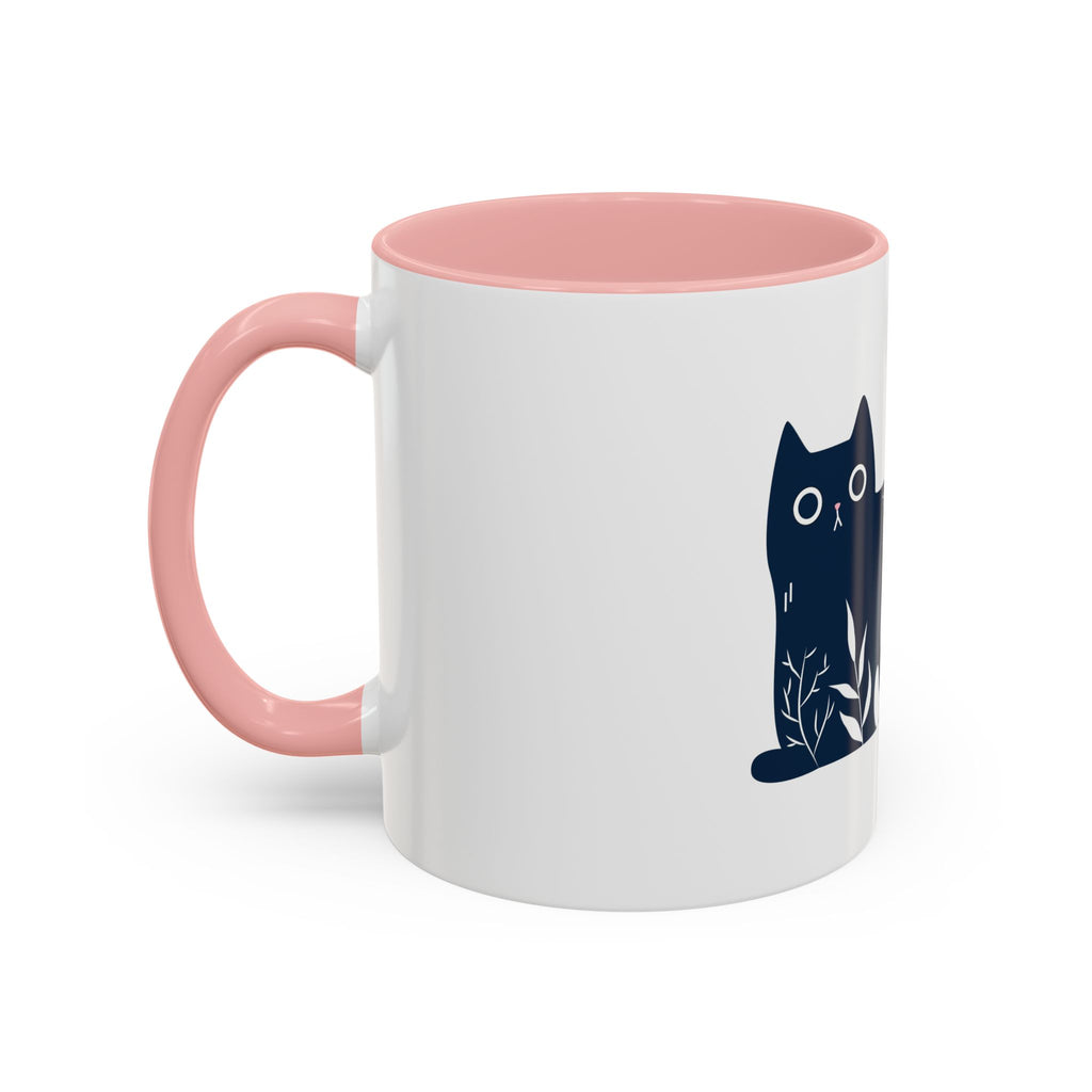 Navy Floral Cat Accent Coffee Mug 11oz 15oz | Ceramic Mug with Black Handle and Interior