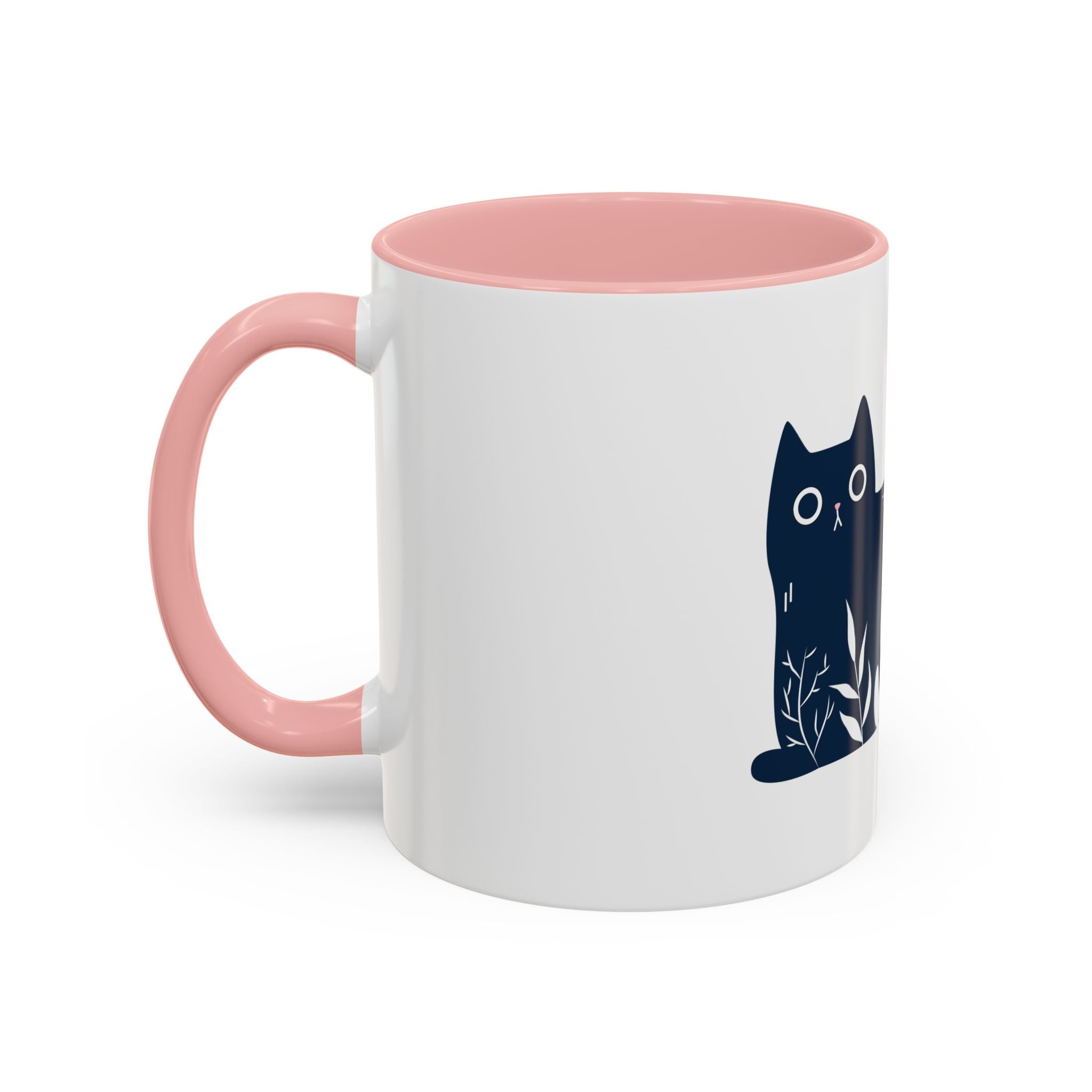 Navy Floral Cat Accent Coffee Mug 11oz 15oz | Ceramic Mug with Black Handle and Interior