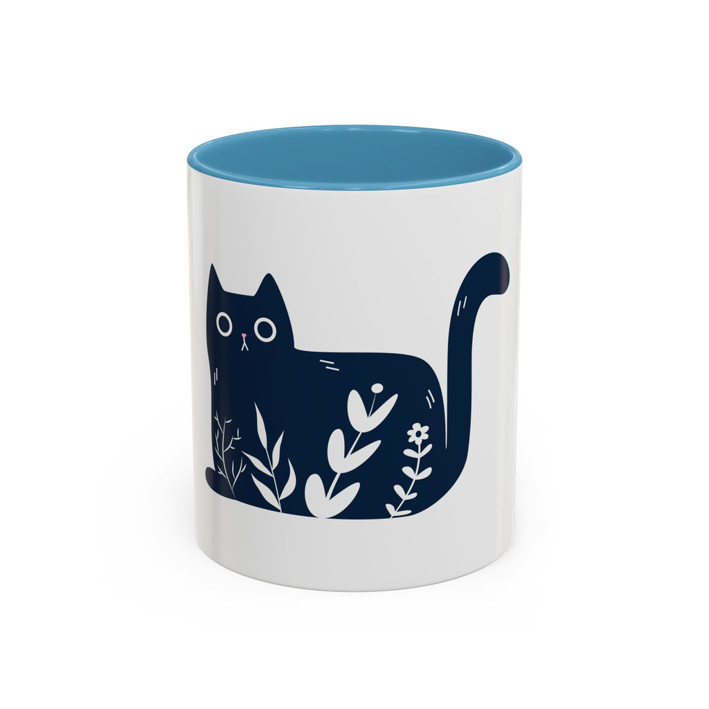 Navy Floral Cat Accent Coffee Mug 11oz 15oz | Ceramic Mug with Black Handle and Interior