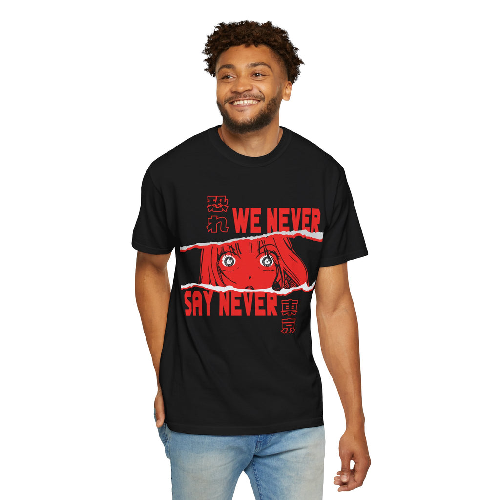 Anime Graphic T-Shirt — "We Never Say Never" Red Horror Design
