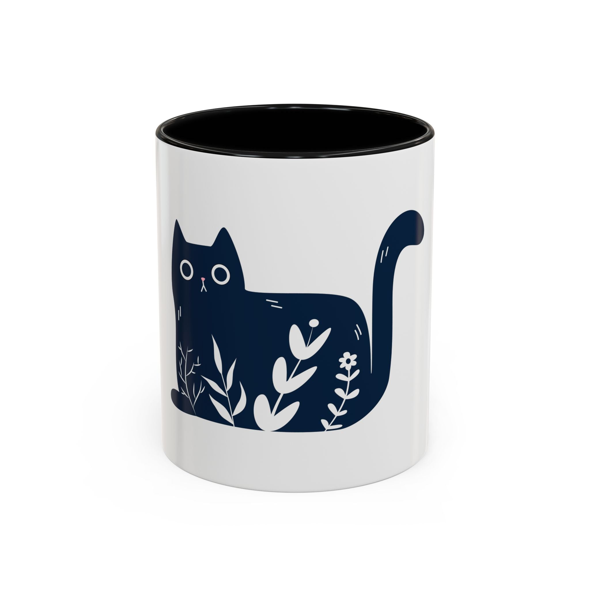 Navy Floral Cat Accent Coffee Mug 11oz 15oz | Ceramic Mug with Black Handle and Interior