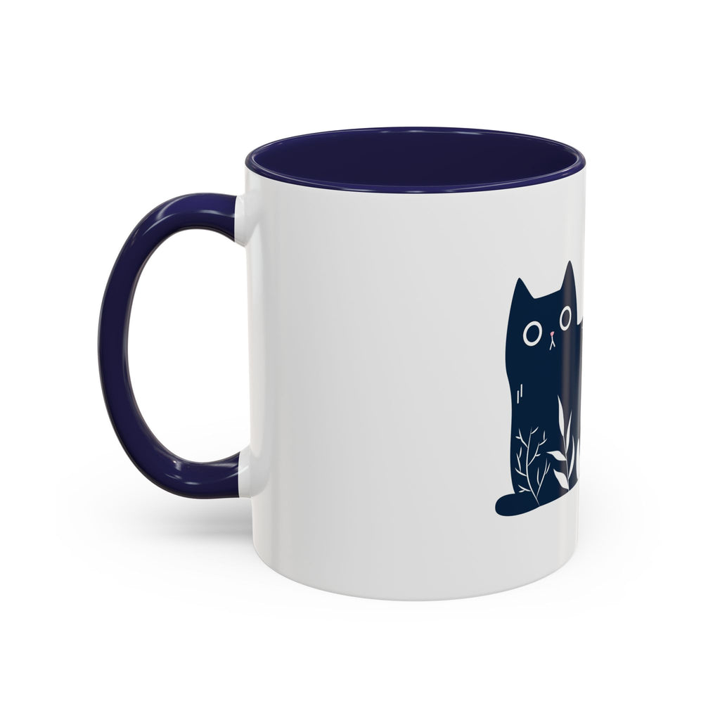 Navy Floral Cat Accent Coffee Mug 11oz 15oz | Ceramic Mug with Black Handle and Interior