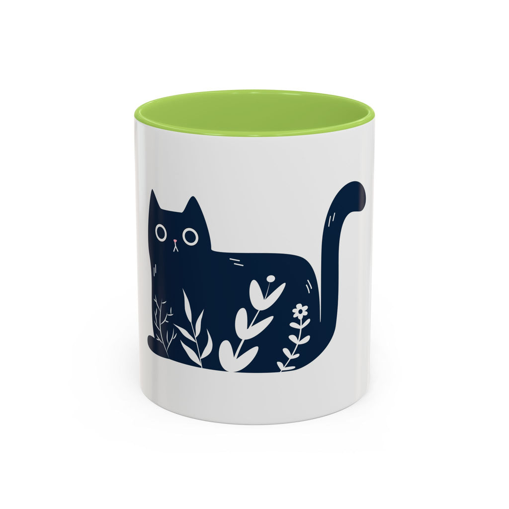 Navy Floral Cat Accent Coffee Mug 11oz 15oz | Ceramic Mug with Black Handle and Interior